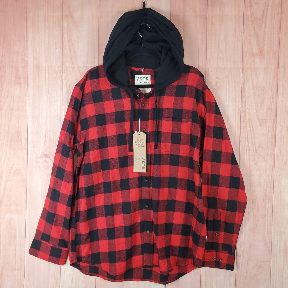 VSTR Premium Flannel Shacket Mens 2XL Red Buffalo Plaid Button Front Hooded